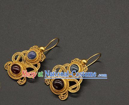 Handmade Chinese Ancient Empress Golden Gourd Ear Jewelry Traditional Ming Dynasty Gems Earrings Accessories