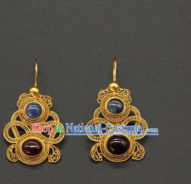 Handmade Chinese Ancient Empress Golden Gourd Ear Jewelry Traditional Ming Dynasty Gems Earrings Accessories