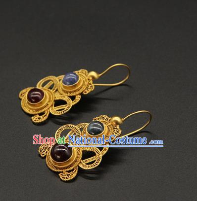 Handmade Chinese Ancient Empress Golden Gourd Ear Jewelry Traditional Ming Dynasty Gems Earrings Accessories