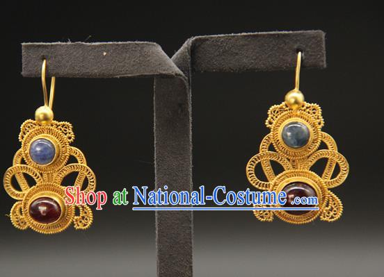 Handmade Chinese Ancient Empress Golden Gourd Ear Jewelry Traditional Ming Dynasty Gems Earrings Accessories