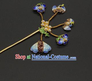 China Handmade Court Pearls Hair Stick Traditional Qing Dynasty Palace Hair Accessories Ancient Empress Blueing Lotus Hairpin