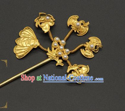 China Ancient Empress Golden Lotus Hairpin Handmade Court Pearls Hair Stick Traditional Qing Dynasty Palace Hair Accessories