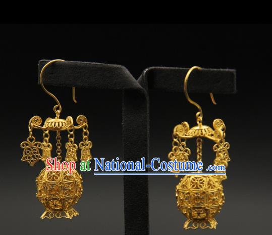 Handmade Chinese Traditional Ming Dynasty Palace Earrings Accessories Ancient Empress Golden Lantern Ear Jewelry