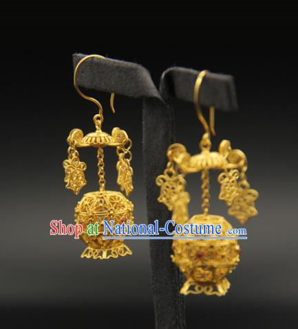 Handmade Chinese Traditional Ming Dynasty Palace Earrings Accessories Ancient Empress Golden Lantern Ear Jewelry