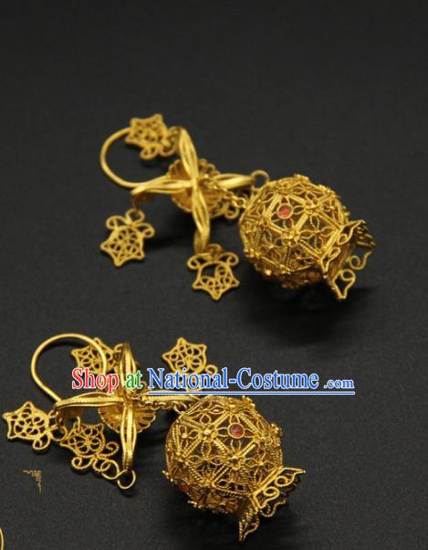 Handmade Chinese Traditional Ming Dynasty Palace Earrings Accessories Ancient Empress Golden Lantern Ear Jewelry