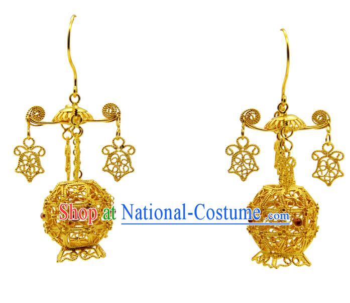 Handmade Chinese Traditional Ming Dynasty Palace Earrings Accessories Ancient Empress Golden Lantern Ear Jewelry