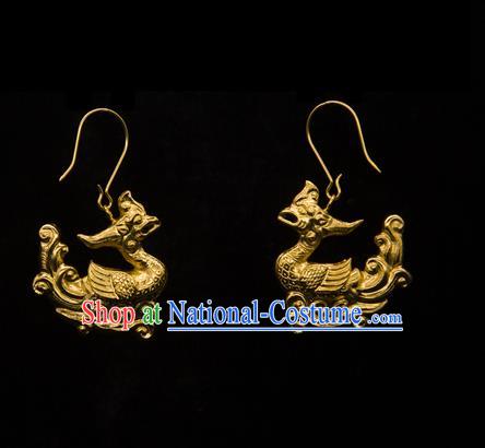 Handmade Chinese Ancient Empress Golden Phoenix Ear Jewelry Traditional Song Dynasty Palace Earrings Accessories