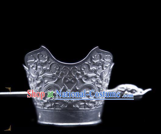 China Ancient King Argent Hairdo Crown and Hairpin Handmade Han Dynasty Prince Hair Accessories