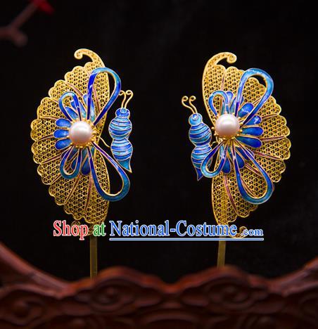 China Handmade Court Pearl Hair Stick Ancient Empress Enamel Hairpin Traditional Qing Dynasty Palace Hair Accessories