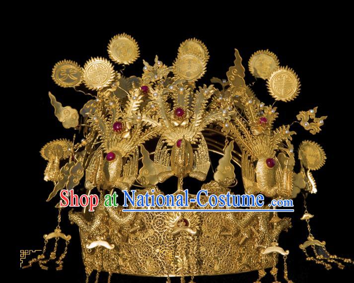 China Handmade Court Phoenix Coronet Traditional Qing Dynasty Palace Hair Accessories Ancient Empress Wedding Golden Hair Crown