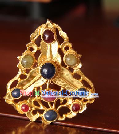 China Ancient Empress Gems Hair Crown Handmade Court Golden Hairpin Traditional Ming Dynasty Palace Hair Accessories