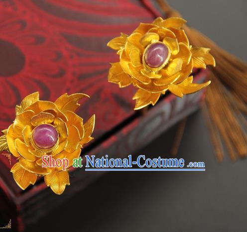 China Ancient Court Queen Golden Peony Hairpin Traditional Handmade Hair Stick Ming Dynasty Hair Accessories