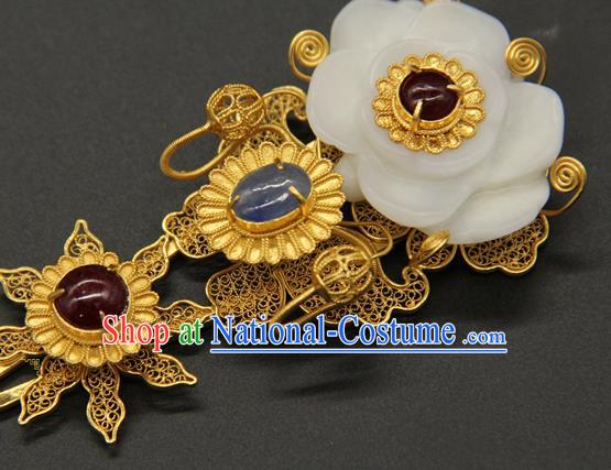 China Traditional Handmade Hair Stick Ming Dynasty Hair Accessories Ancient Court Queen Jade Sunflower Hairpin