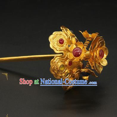 China Traditional Ming Dynasty Hair Accessories Handmade Hair Stick Ancient Court Queen Golden Peony Hairpin