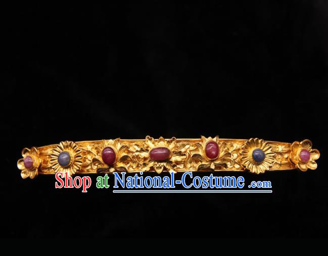 China Traditional Ming Dynasty Golden Hairpin Handmade Hair Accessories Ancient Imperial Consort Ruby Hair Crown