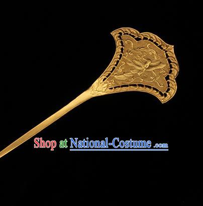 China Traditional Tang Dynasty Golden Hairpin Handmade Hair Accessories Ancient Imperial Consort Carving Phoenix Hair Stick