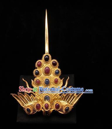 China Ancient Imperial Consort Gems Hairpin Handmade Hair Accessories Traditional Ming Dynasty Phoenix Hair Stick