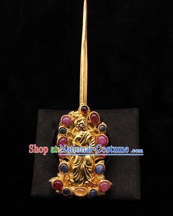 China Handmade Hair Accessories Traditional Ming Dynasty Golden Hair Stick Ancient Imperial Consort Gems Hairpin