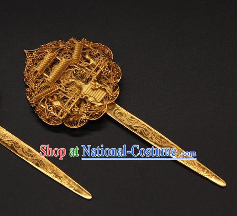 China Handmade Ancient Empress Golden Hairpin Ming Dynasty Hair Stick Traditional Queen Hair Accessories