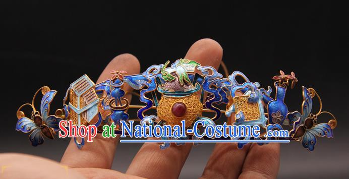 China Ancient Empress Hairpin Traditional Queen Hair Accessories Handmade Qing Dynasty Blueing Butterfly Flowers Hair Crown