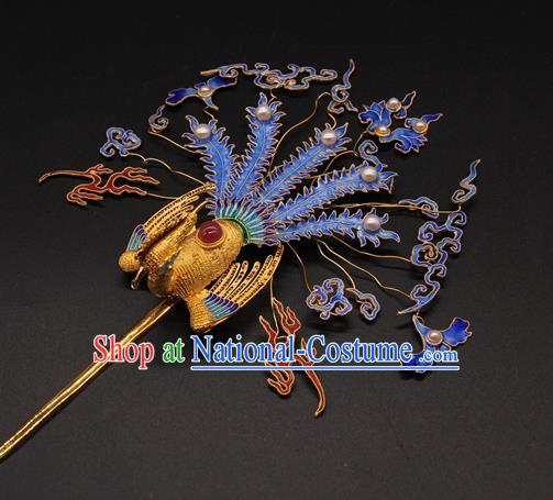 China Ancient Queen Hairpin Traditional Court Hair Accessories Handmade Qing Dynasty Blueing Phoenix Hair Stick