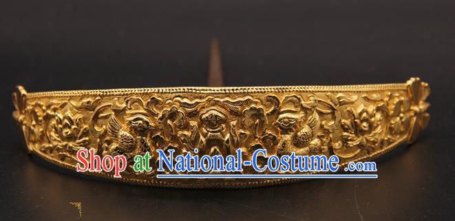 China Traditional Wedding Hair Accessories Ancient Queen Golden Hairpin Handmade Ming Dynasty Court Hair Crown