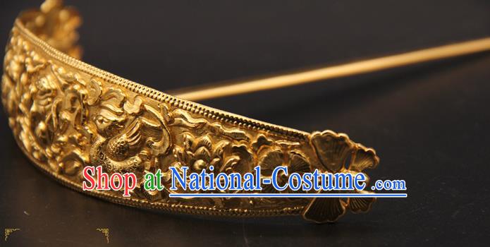 China Traditional Wedding Hair Accessories Ancient Queen Golden Hairpin Handmade Ming Dynasty Court Hair Crown