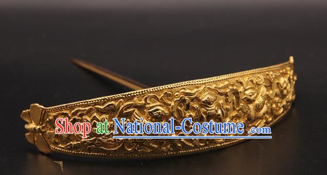 China Traditional Wedding Hair Accessories Ancient Queen Golden Hairpin Handmade Ming Dynasty Court Hair Crown