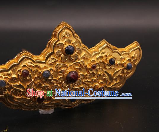 China Ancient Queen Golden Hairpin Handmade Ming Dynasty Court Gems Hair Crown Traditional Wedding Hair Accessories