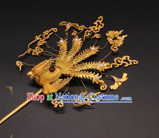 China Handmade Ming Dynasty Court Empress Hair Crown Traditional Wedding Hair Accessories Ancient Queen Golden Phoenix Hairpin