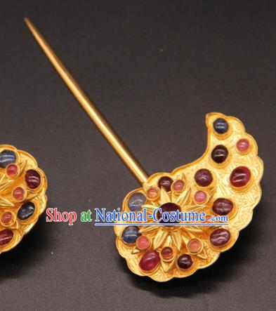 China Ancient Queen Golden Hairpin Handmade Ming Dynasty Empress Gems Hair Stick Traditional Court Hair Accessories