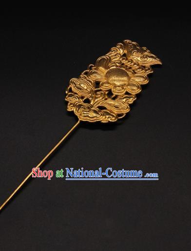 China Ancient Empress Flowers Hair Stick Traditional Court Hair Accessories Handmade Yuan Dynasty Golden Hairpin