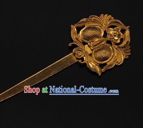 China Handmade Yuan Dynasty Hairpin Ancient Empress Golden Hair Stick Traditional Palace Hair Accessories