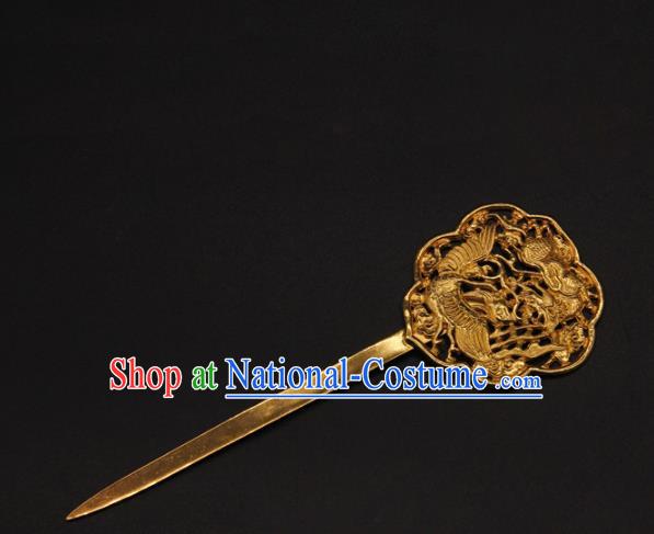 China Handmade Yuan Dynasty Empress Golden Phoenix Hairpin Traditional Palace Hair Accessories Ancient Hanfu Hair Stick