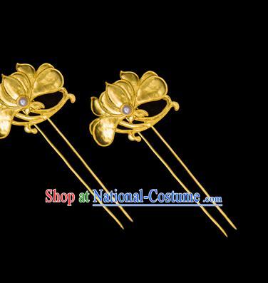 China Ancient Empress Golden Lotus Hair Stick Traditional Qing Dynasty Palace Hair Accessories Handmade Court Hairpin