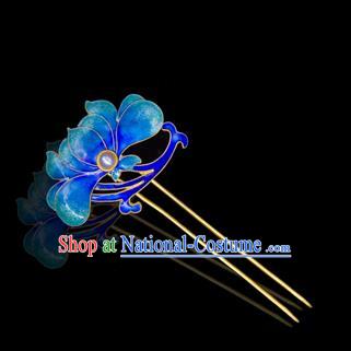 China Traditional Qing Dynasty Palace Hair Accessories Handmade Court Hairpin Ancient Empress Blueing Lotus Hair Stick