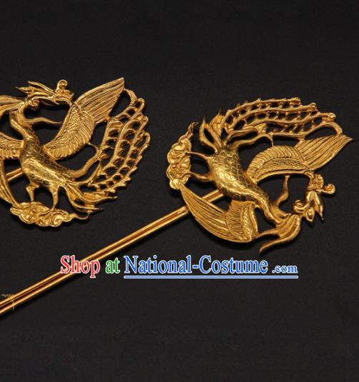 China Traditional Ming Dynasty Empress Golden Phoenix Hairpin Ancient Hanfu Hair Stick Handmade Palace Hair Accessories