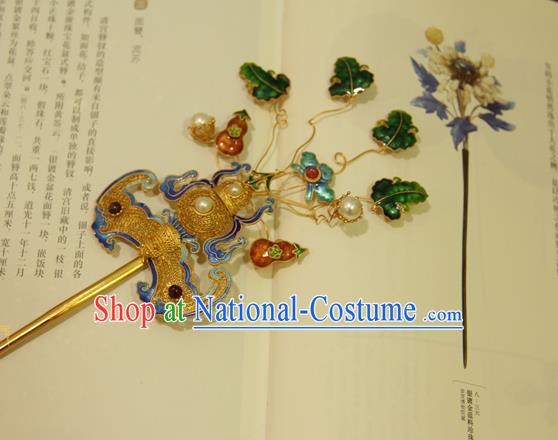 China Ancient Qing Dynasty Empress Golden Gourd Bat Hairpin Handmade Palace Woman Hair Stick Traditional Queen Headpiece