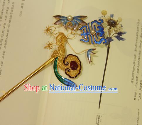 China Handmade Palace Woman Blueing Chrysanthemum Hair Stick Traditional Queen Headpiece Ancient Qing Dynasty Empress Ruby Hairpin