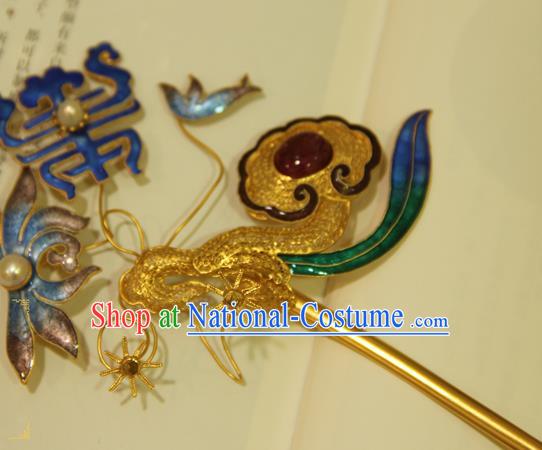 China Handmade Palace Woman Blueing Chrysanthemum Hair Stick Traditional Queen Headpiece Ancient Qing Dynasty Empress Ruby Hairpin