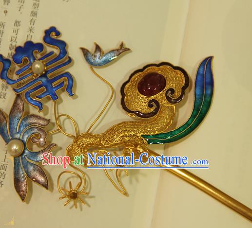 China Handmade Palace Woman Blueing Chrysanthemum Hair Stick Traditional Queen Headpiece Ancient Qing Dynasty Empress Ruby Hairpin