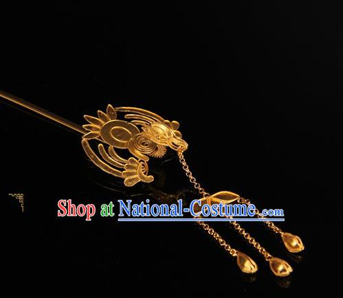 China Traditional Court Headpiece Ancient Qing Dynasty Empress Tassel Hairpin Handmade Palace Queen Golden Phoenix Hair Stick