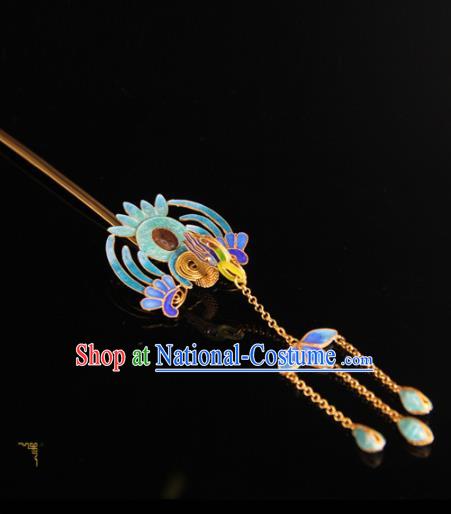 China Ancient Qing Dynasty Empress Tassel Hairpin Handmade Palace Queen Enamel Phoenix Hair Stick Traditional Court Headpiece