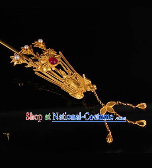 China Ancient Qing Dynasty Empress Golden Phoenix Hairpin Traditional Palace Headpiece Handmade Queen Tassel Hair Stick