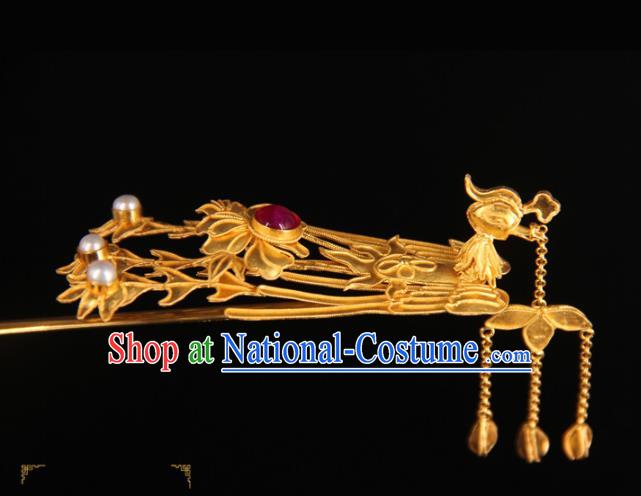 China Ancient Qing Dynasty Empress Golden Phoenix Hairpin Traditional Palace Headpiece Handmade Queen Tassel Hair Stick