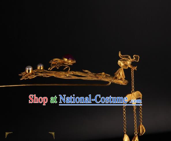 China Ancient Qing Dynasty Empress Golden Phoenix Hairpin Traditional Palace Headpiece Handmade Queen Tassel Hair Stick