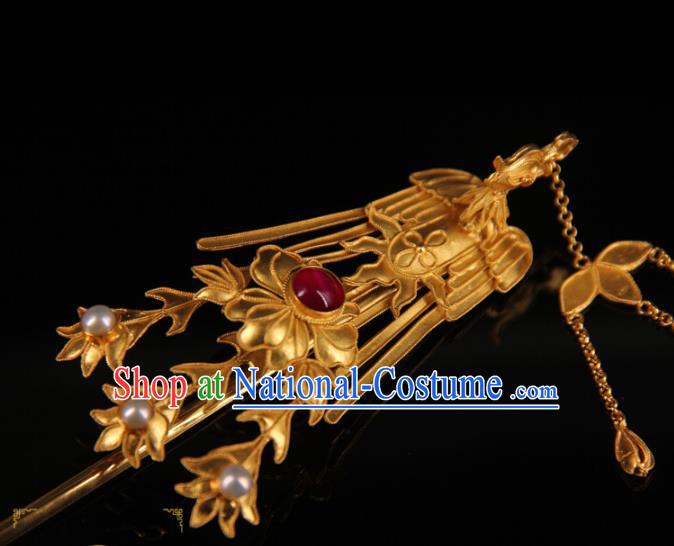 China Ancient Qing Dynasty Empress Golden Phoenix Hairpin Traditional Palace Headpiece Handmade Queen Tassel Hair Stick