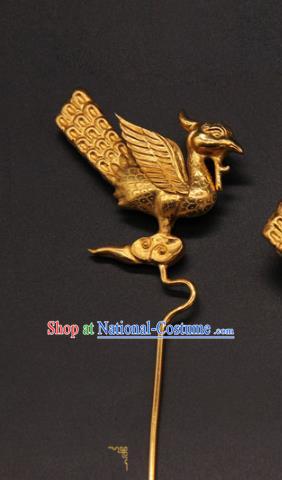 China Handmade Palace Hair Accessories Traditional Ming Dynasty Golden Phoenix Hair Stick Ancient Empress Hanfu Hairpin