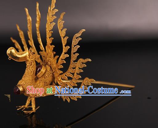 China Handmade Queen Golden Phoenix Hair Crown Ancient Traditional Palace Headpiece Ming Dynasty Empress Hairpin