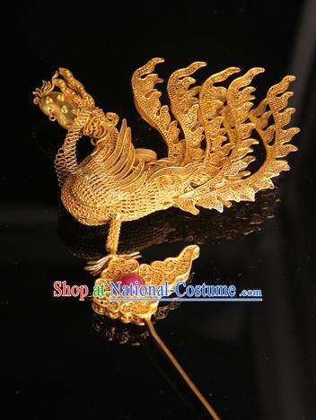 China Ancient Traditional Palace Headpiece Ming Dynasty Empress Hairpin Handmade Queen Golden Phoenix Hair Stick